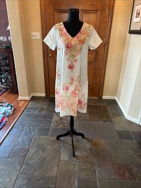 Floral V-Neck White Dress with Pink Rose Print